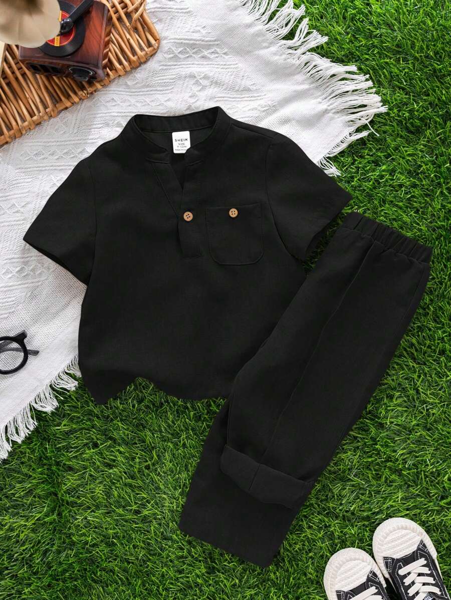 SHEIN 2 Stücke Baby Jungen/Mädchen Koreanischer Stil lässiges, loses Kurzarm Hemd mit Stehkragen, halboffen vorne & lockere Hose Outfit Set