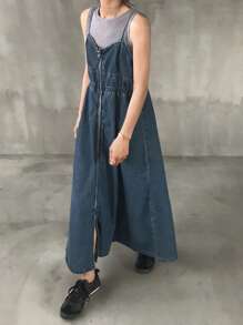 FRIFUL 女士休闲水洗拉链牛仔连身裤 - 中等水洗藍 - 查看 4