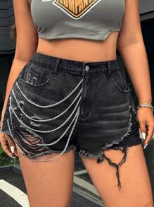 SHEIN ICON Plus Size Women's Black Loose Fit Distressed Denim Shorts With Pockets - Black - View 1