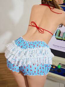 Notgurli Plaid, Cherry, Double-Layered Lace, Pleated Ruffle, Multi-Tiered Cake Edge, Ruffle, Bow, Cute, Sweet Women Panties - Blue - View 2