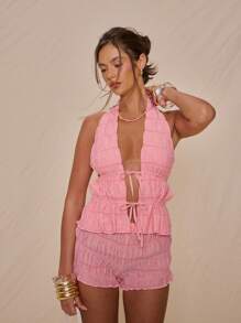 MUSERA Halterneck Plunge Double Tie Front Longline Sleeveless To Only Spring Vacation Cute Elegant Sweet Escape Beach Graduation Holiday Going Out Tops Elegant - Red - View 1