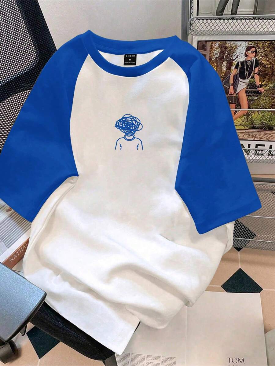 SHEIN Teen Boys Casual Short Sleeve T-Shirt, Sports Streetwear Punk Rock School Daily Outgoing Party Music Festival, Suitable For Spring & Summer, Black & White Patchwork Contrast Color Abstract Line Figure Print - Royal Blue - View 1