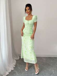 Elenzga 女士优雅玫瑰印花网眼圆领蝴蝶结褶皱紧身连衣裙，春夏季迷人造型，适合情人节 - 綠色 - 查看 3