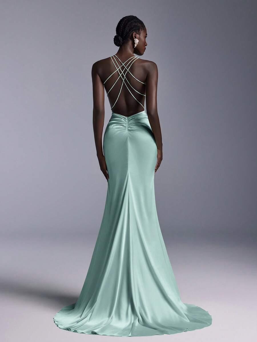 SHEIN Belle Elegant Satin Glossy Minimalist Formal Dress, Sexy V-Neck Cross Back With Gathers, Extra-Large Flared & Fishtail Hem Train For Gala Events, Party Dress, Gown, For Evening, Wedding Guest