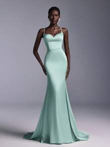 SHEIN Belle Elegant Satin Glossy Minimalist Formal Dress, Sexy V-Neck Cross Back With Gathers, Extra-Large Flared & Fishtail Hem Train For Gala Events, Party Dress, Gown, For Evening, Wedding Guest