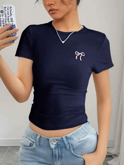 SHEIN Teen Girl Knitted Round Neck Embroidery Bow Pattern Waist Gathered Design Short-Sleeved T-Shirt, Summer , Basic, Casual