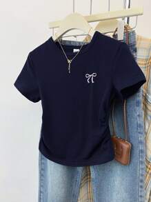 SHEIN 少女针织圆领刺绣蝴蝶结图案腰部褶皱设计短袖T恤，夏季，基本款，休闲款 - 藏蓝色 - 查看 2