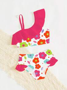 SHEIN 女童花卉印花单肩荷叶边比基尼套装，家庭装妈妈和我（4 件单独出售） - 彩色 - 查看 5