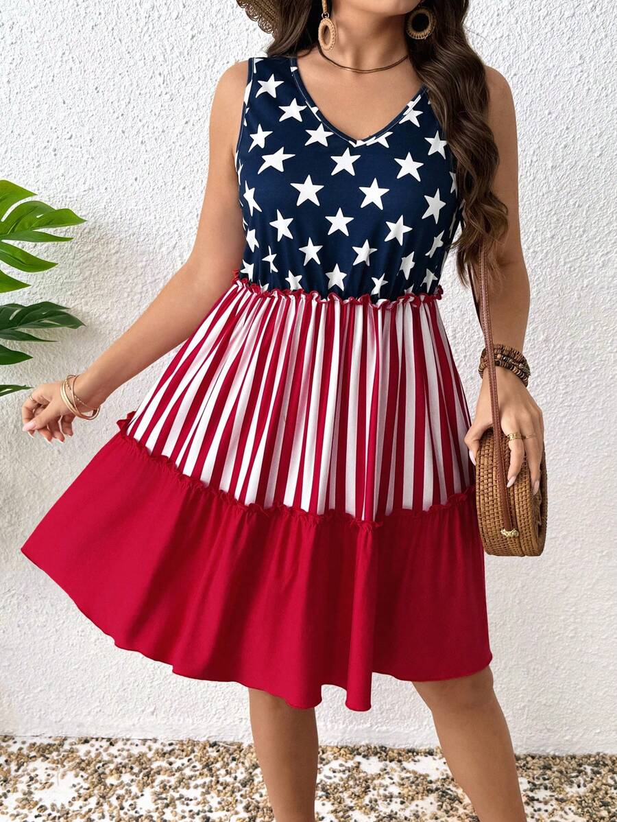 EMERY ROSE Women V-Neck Flag Print Midi Dress, Club Spring/Summer Sundress - Multicolor - View 1