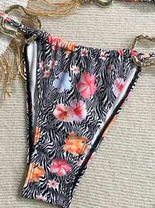 Soleia Women Multicolor Summer Casual Vacation Holiday Bikini Set, Tropical Rainforest Zebra Print Halter Neck Triangle Top And Tie Side Bottom Swimwear - Multicolor - View 4