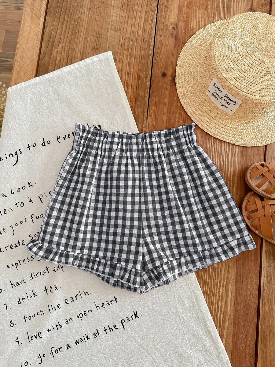 SHEIN LMoss Kids Babygirl 格纹松紧腰休闲短裤,黑色和白色,夏季 - 黑與白 - 查看 1