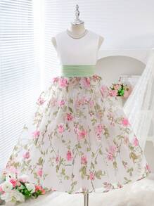SHEIN Glamorique Kids Robe de soirée élégante à imprimé floral avec panneau de maille pour jeunes filles - Blanc - Voir 7