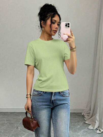 Rafferiza Camiseta casual versátil de mujer con cuello redondo y manga corta, lisa