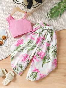 SHEIN 2pcs Young Girl Set: Solid Color Asymmetric Neck Vest And Floral Print Pants, School, Campus, College