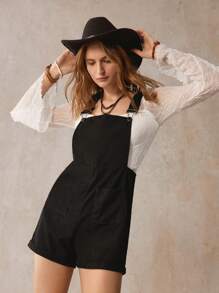 SHEIN LUNE 燈芯絨雙口袋背帶連身短褲 - 黑色 - 查看 2