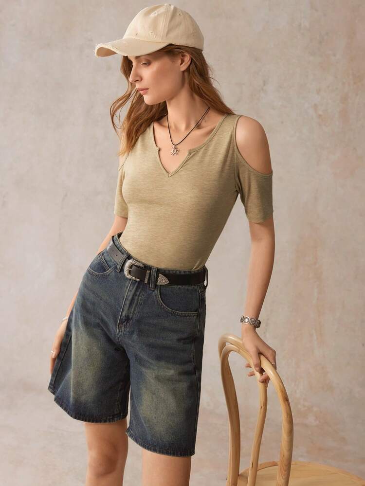 Cold Shoulder Notched Neck Tee