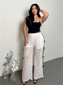 Firerie Pantalon large blanc casual de sport avec décor de dentelle et nœud bicolore noir et blanc, tailles plus pour femmes - Noir et Blanc - Voir 3