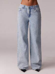 SHEIN Forever 21 Spring & Summer Women Romantic/Prom/Formal/Birthday/90s /Business Casual/Elegant/Western Wear/Going Out/Fashion/Casual/Y2k/Club/Office /Cocktail/Vintage/Rave/Funny/Classy/Old Money/Streetwear/Vacation/Country Concert/Work/Modest/Spring Break/Bachelorette/Concert/Baddie/Basic/Graduation/Blue Washed Low Rise Baggy Wide Leg Cowgirl Jeans Y2k - Blue - View 3