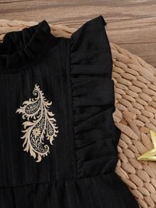 SHEIN رومبير ملائم للرضع والأطفال الصغار بطبعة زهرة الكاجو وغطاء رقبة عالي، بأكمام قصيرة وسحاب مخفي، بحافة محبوكة، مريح وأنيق، مناسب للارتداء داخل المنزل وخارجه في فصول الربيع والصيف والخريف - الأسود - مشاهدة 6