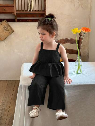 SHEIN Cute Solid Color Camisole Top And Elastic Waist Pants 2 Pieces Set For Baby Girl, Summer