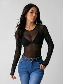 SHEIN PETITE See Through Mesh Bodysuit Without Lingerie - Black - View 6