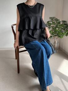 FRIFUL Women's Layered Ruffle Hem Sleeveless Casual Solid Color T-Shirt, Summer - Black - View 2