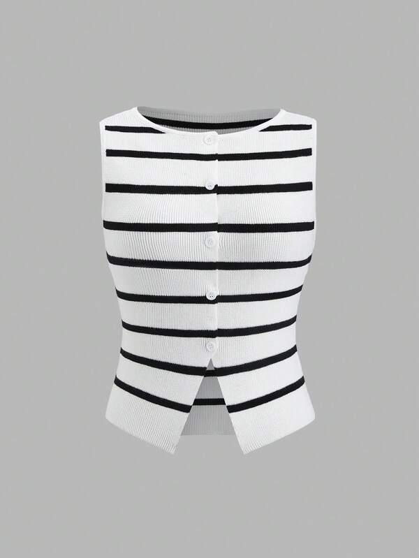 Sweetra Women Striped Knitted Sleeveless Vest Top