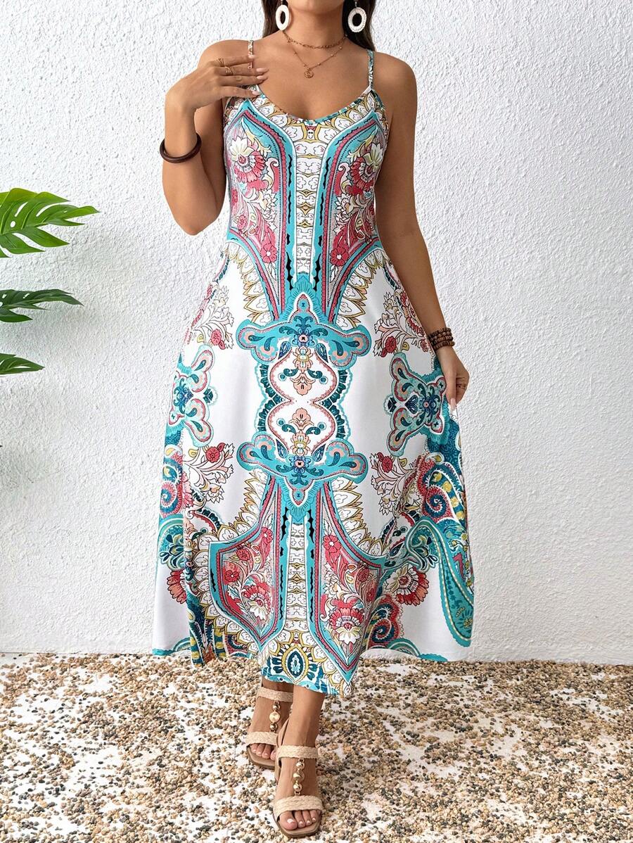 SHEIN PETITE Plus Size Women Short Stout Printed Strap Shift Dress, Spring/Summer - Multicolor - View 1