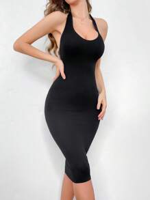 Vestido ajustado sin espalda de unicolor con cuello halter sin costuras para mujer