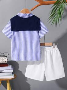 SHEIN 4pcs Set Young Boy Summer Cute Striped Short Sleeve Shirt, Elastic Waist Shorts, Cape, With Belt, Suitable For Birthday Party, Evening Party, Performance, Wedding, Back To School, Vacation - Multicolor - View 2