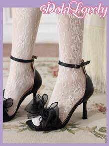 Dola Lovely Women's New Fashion Cute Lolita Bow Decor Pearls Silk Ribbon Wedding Party White Chunky High Heel Sandals - Black - View 9