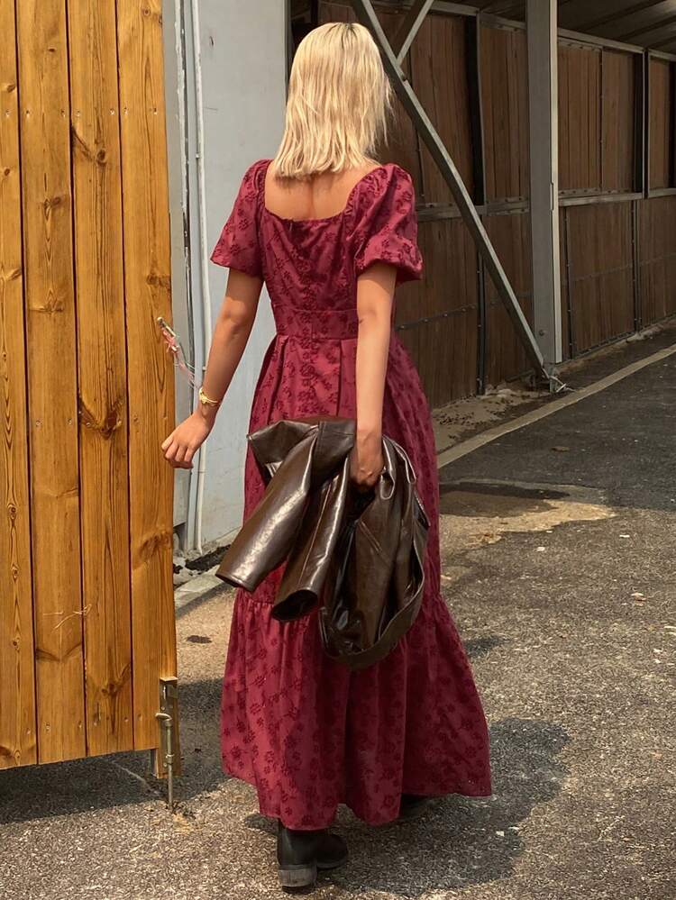 Women Hollow Out Square Neck Waist-Cinched Mid-Length Dress,Ruffle Red Women Dresses Maxi Dress