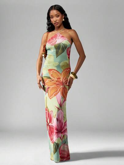 slim fit dress slacks Baltic Born Womens Brett Halter Maxi Dress | Navy Print main image 0
