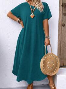 Breezaya Đầm Maxi Dài Tay Ngắn Cổ Tròn Size Lớn Màu Trơn Cho Nữ - Màu xanh lam - Xem 5