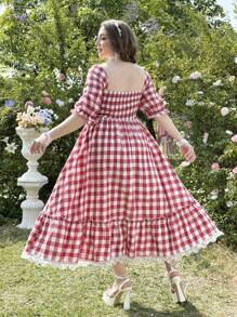 Flirla Romantic Girl's Red Plaid Short Sleeve Mini Dress - Red - View 3