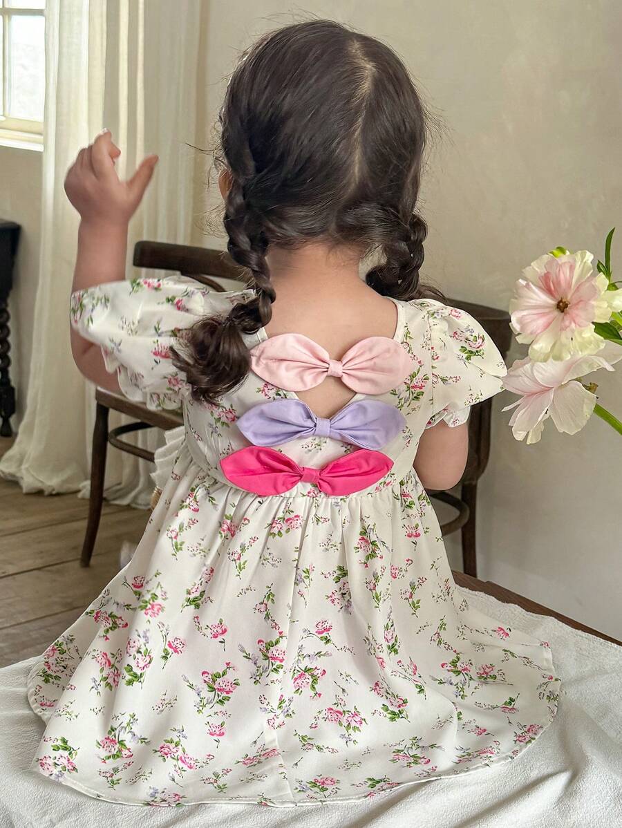 LMoss Kids Baby Girl Woven Ditsy Floral Round Neck Puff Sleeves Hollow Back Fitted Dress - Multicolor - View 1