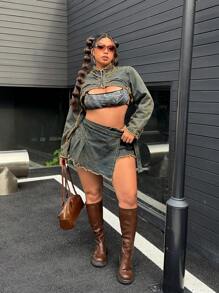 SHEIN ICON Y2K Fashion Casual Retro Short Denim Jacket - Dark Wash - View 6