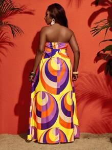 Slaydiva Plus Size Fashionable Contrast Color Print Bandeau Dress, Vacation Style - Multicolor - View 2