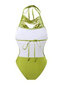 Swim Chiccia Traje de baño de una pieza con halter de unicolor, adornado con cuentas de metal dorado y borlas huecas, de estilo bohemio para el festival de primavera - Verde - Ver 2