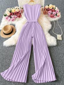 Elenzga Mono de mujer con piernas anchas, hombros acolchados y cinturón de cintura de unicolor. Elegante y casual para uso diario y vacacional, sin mangas - Morado - Ver 2