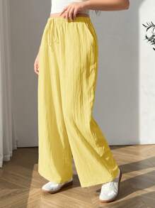 SHEIN PETITE CURVE Casual Yellow Woven Fabric Long Straight Leg Pants With Comfortable Fit And Pockets Women Wide Leg Pants Palazzo Pants Women