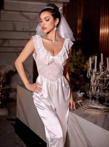 SHEIN Lace Patchwork Faux Silk Sexy 2-Layer Collar Jumpsuit Pajamas - White - View 5