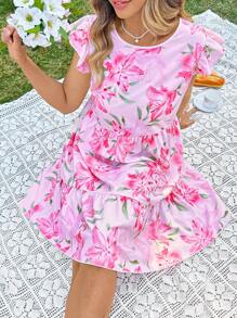 SHEIN VCAY Plus Size Women Floral Print Round Neck Cap Sleeves Casual Dress Graduation Dress Sun Dress Summer Outfits For Women Easter Outfit Women Festival Rave Bohemia Graduation Wedding Guest Dress Women Vacation Boho Festival Outfits Country Concert Outfit Brunch Outfits For Women Easter Outfit Curve - Multicolor - View 4