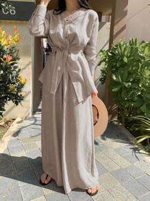 DAZY 优雅不对称上衣和阔腿裤两件套女士家居服套装 - 卡其色 - 查看 2