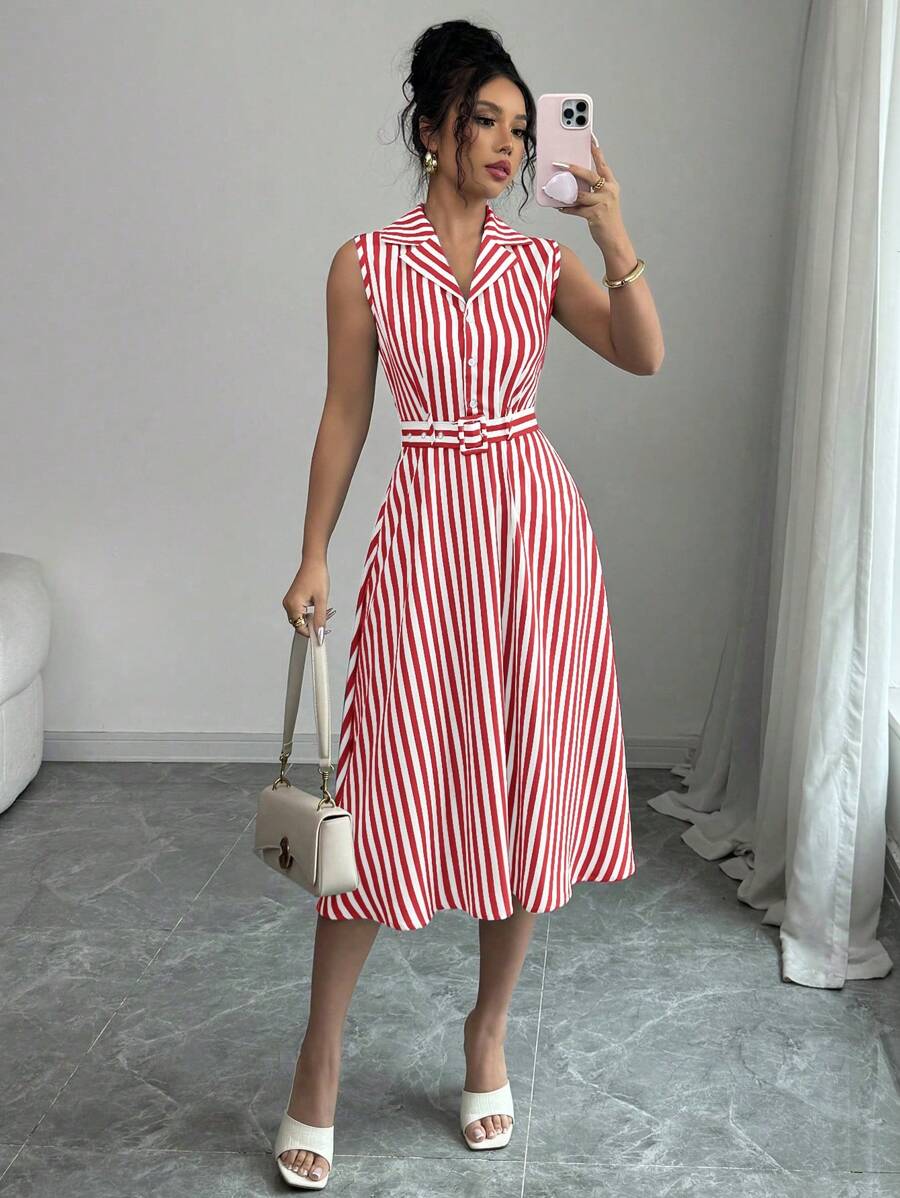 Elenzga 女士夏季条纹无袖中长连衣裙 - 紅色 - 查看 1