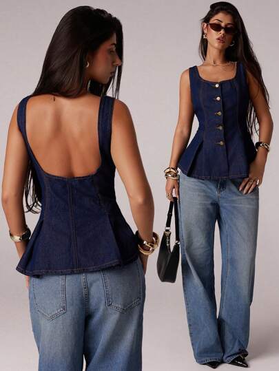 Avantive Spring & Summer Women Romantic/Prom/Formal/Birthday/90s /Business Casual/Elegant/Western Wear/Going Out/Fashion/Casual/Y2k/Club/Office /Cocktail/Vintage/Rave/Funny/Classy/Old Money/Streetwear/Vacation/Country Concert/Work/Modest/Spring Break/Bachelorette/Concert/Baddie/Basic/Graduation Denim Open Back Top