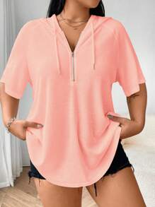 Flirla 大码纯色半拉链连帽短袖 T 恤，适合夏季 - 粉色 - 查看 6