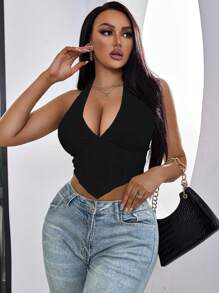 Chiquease Women Solid Color Sexy Halter Neck Backless Crop Tank Top,Fashionable Casual Minimalist Black Sleeveless Deep V-Neck Slim Fit Top,Cute Going Out Top,Bodycon Camis For Holiday/Club/Daily Wear