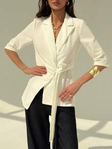 Aloruh Chaqueta tipo blazer de traje de mujer unicolor con cinturón de amarre, para la oficina y paseos, de estilo sencillo y elegante, corte ajustado, blanca, con lazo en el frente