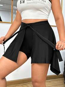 SHEIN EZwear Plus Size Black Knitted Mini Skirt: Casual Wrap Style With Semi-Sheer Detailing For A Look - Black - View 1